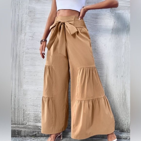Boho Tie Front Shirred Waist Ruffle Hem Wide Leg Pants - Picture 1 of 6